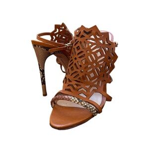 Alexandre Birman orange cut out heel sandals with snake python heel